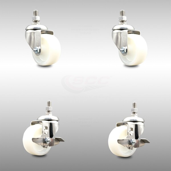 Service Caster 3 Inch 316SS Nylon Wheel Swivel 3/8 Inch Threaded Stem Caster Brakes SCC, 2PK SCC-SS316TS20S314-NYS-381615-2-TLB-2 - main